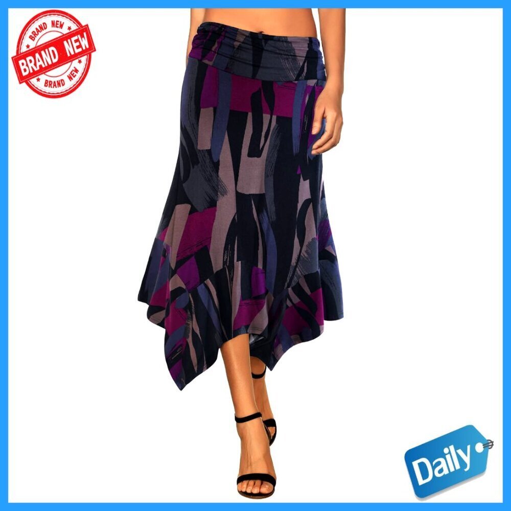 Rayon Midi Skirt with Handkerchief Hem Elastic Waist Flowy Casual